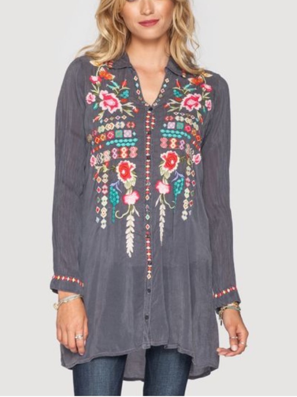 Johnny Was light Grey Embroidered Floral Tunic